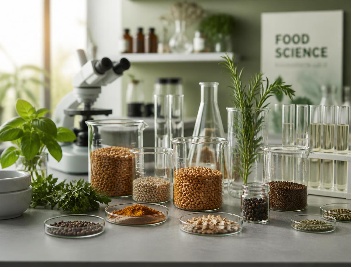 Food science laboratory bench with ingredient samples and glassware